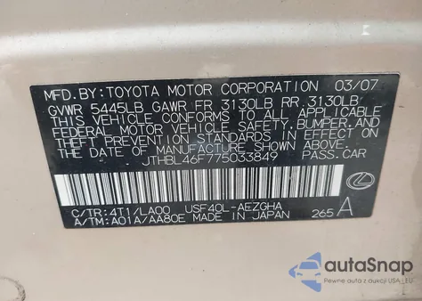 2007 Lexus Ls 460 z USA, uszkodzony, nr VIN JTHBL46F775033849